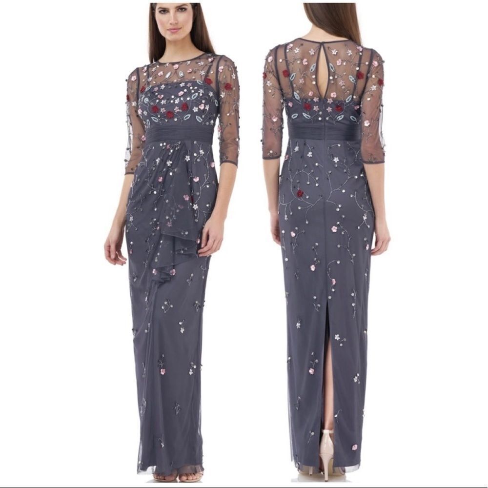 Js collections Prom Pageant 3-D Flower Sequins & Bead accent Gown Gray sz 8 NWT